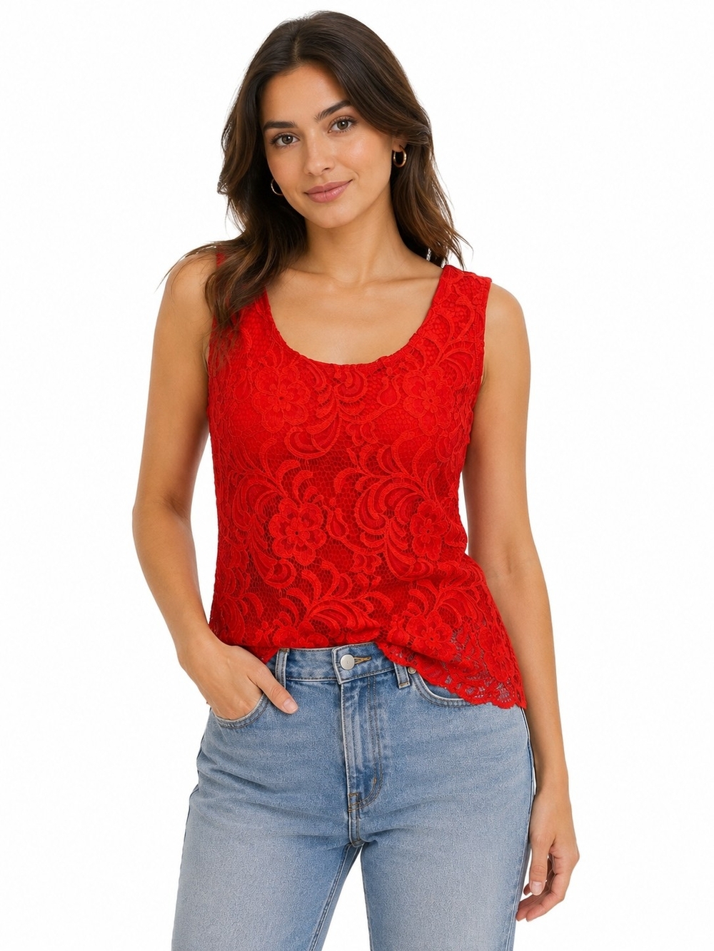 Kate & Mallory Red Floral Lace Scoop Neck Tank